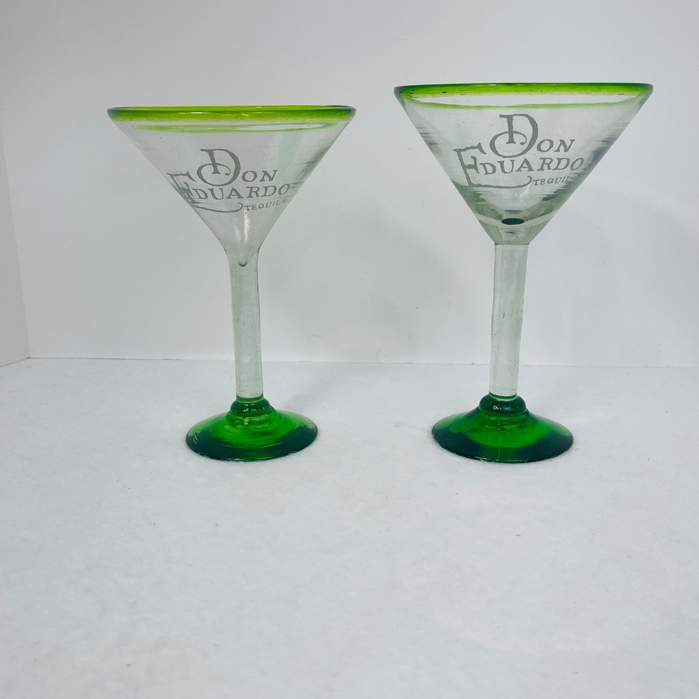 Don Eduardo Tequila Hand Blown Margarita Glasses Green Rim Set of 2 Mexico